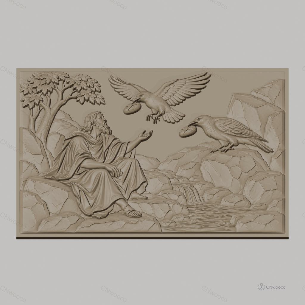 Fichier CNC & impression 3D scène biblique avec homme, corbeaux, rivière et rochers, haute qualité relief STL