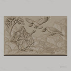Fichier CNC & impression 3D scène biblique avec homme, corbeaux, rivière et rochers, haute qualité relief STL