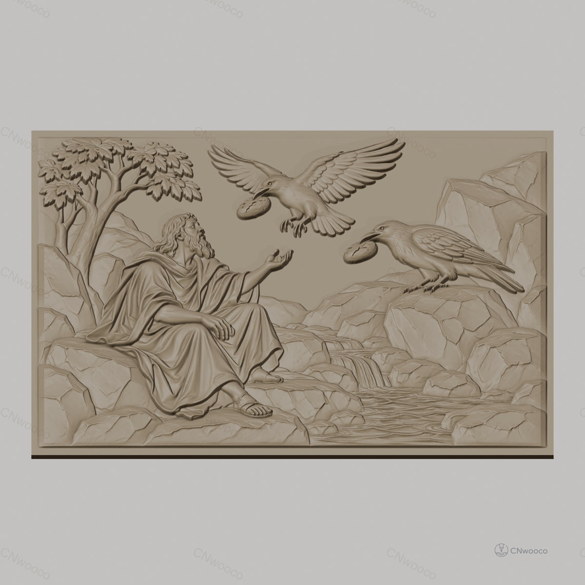 Fichier CNC & impression 3D scène biblique avec homme, corbeaux, rivière et rochers, haute qualité relief STL