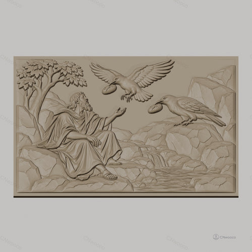 Fichier CNC & impression 3D scène biblique avec homme, corbeaux, rivière et rochers, haute qualité relief STL