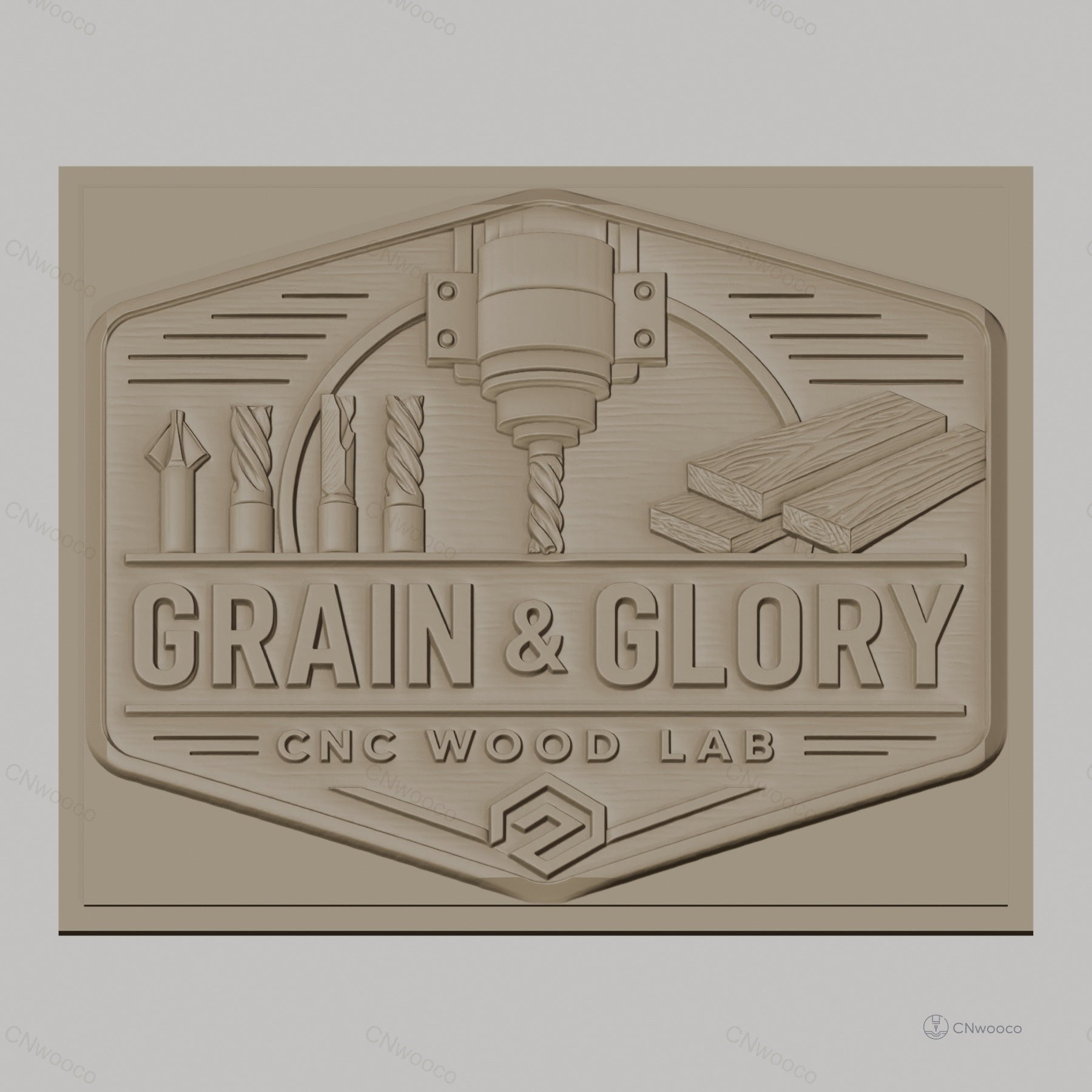 Fichier CNC & impression 3D logo grain et glory, fraises CNC et planches de bois, haute qualité relief STL