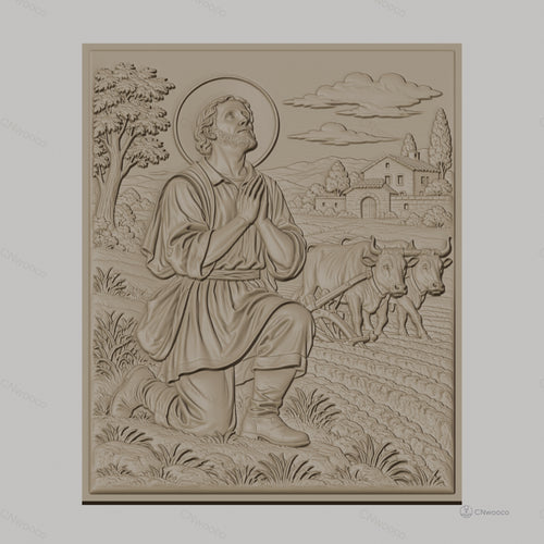 Fichier CNC & impression 3D scène religieuse, homme en prière devant bœufs au champ, haute qualité relief STL