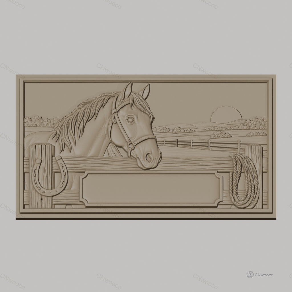 Fichier CNC & impression 3D cheval à la clôture, fer à cheval, corde et paysage, haute qualité relief STL