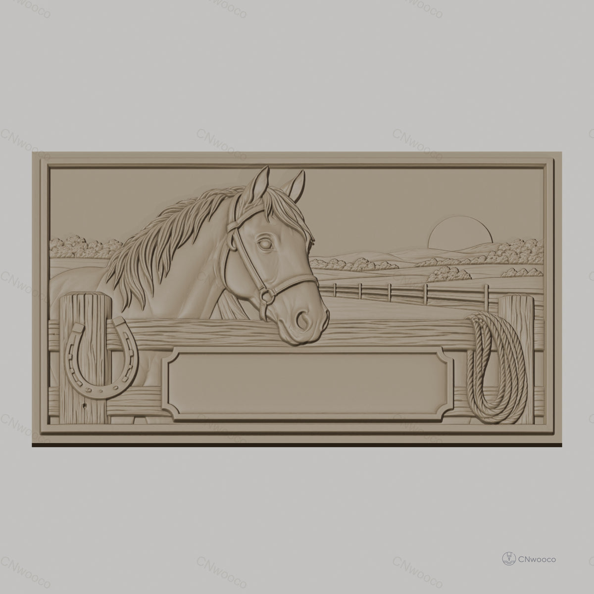 Fichier CNC & impression 3D cheval à la clôture, fer à cheval, corde et paysage, haute qualité relief STL