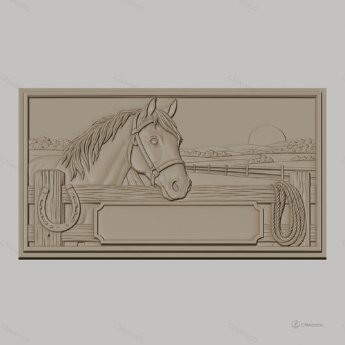 Fichier CNC & impression 3D cheval à la clôture, fer à cheval, corde et paysage, haute qualité relief STL