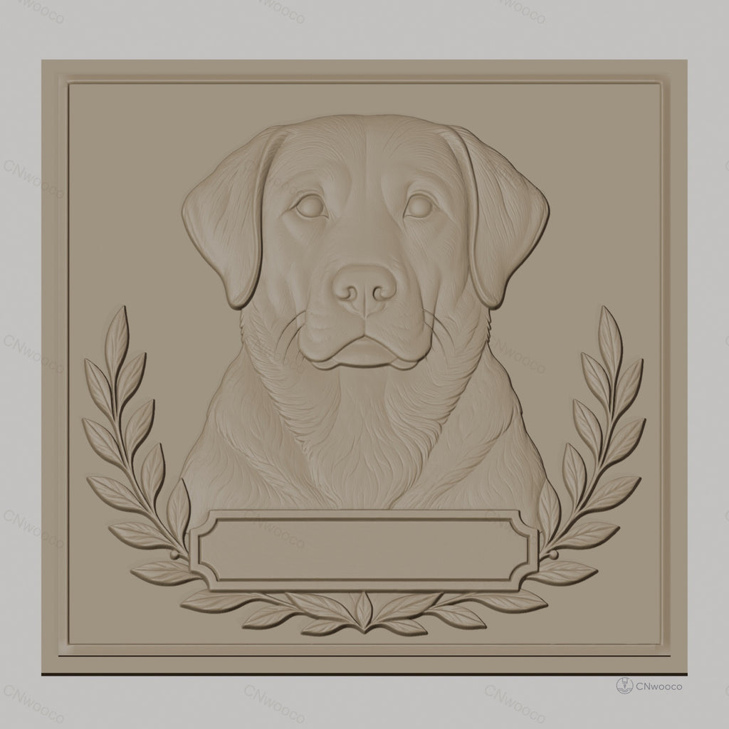 Fichier CNC & impression 3D chien labrador relief portrait, cadre feuille laurier, haute qualité relief STL