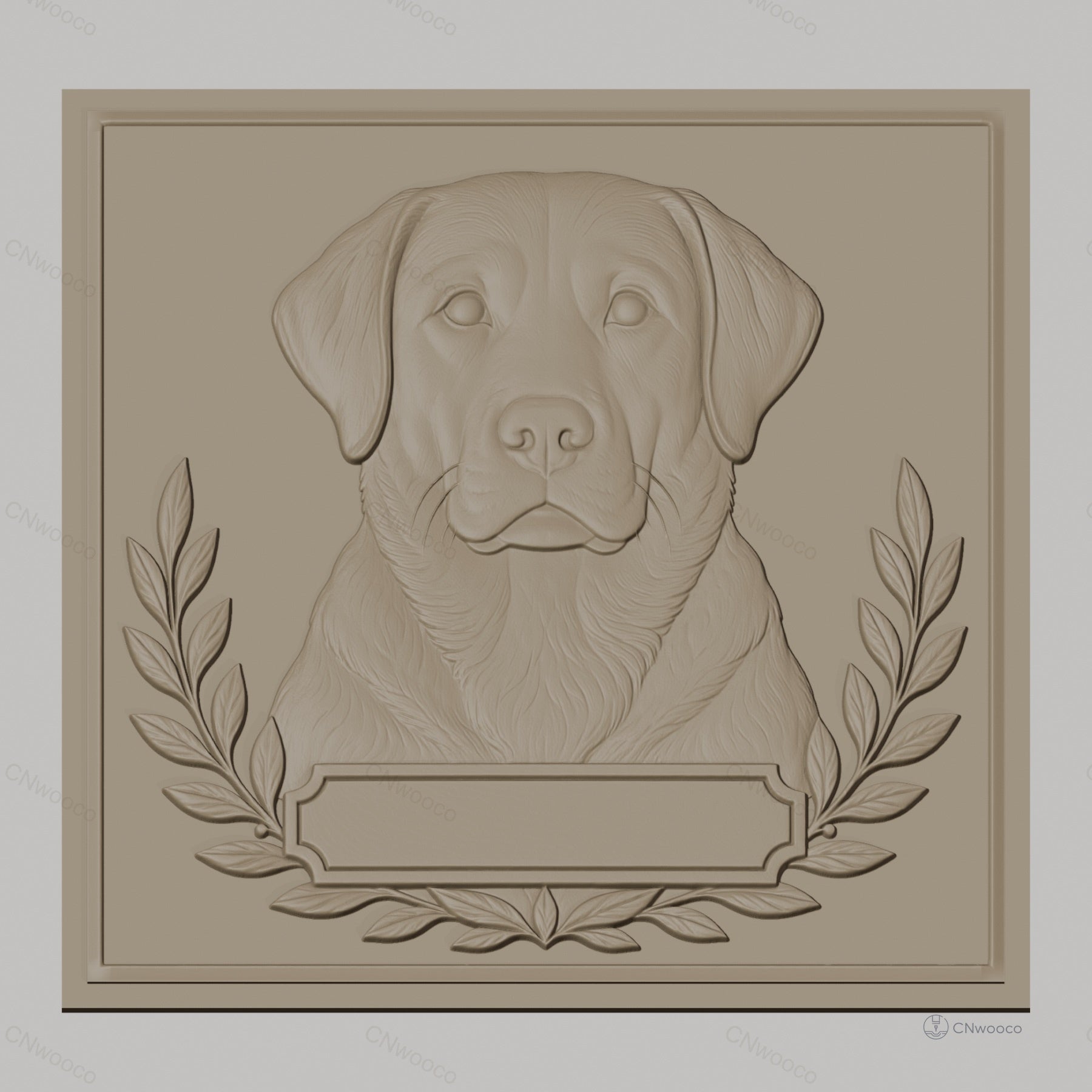 Fichier CNC & impression 3D chien labrador relief portrait, cadre feuille laurier, haute qualité relief STL