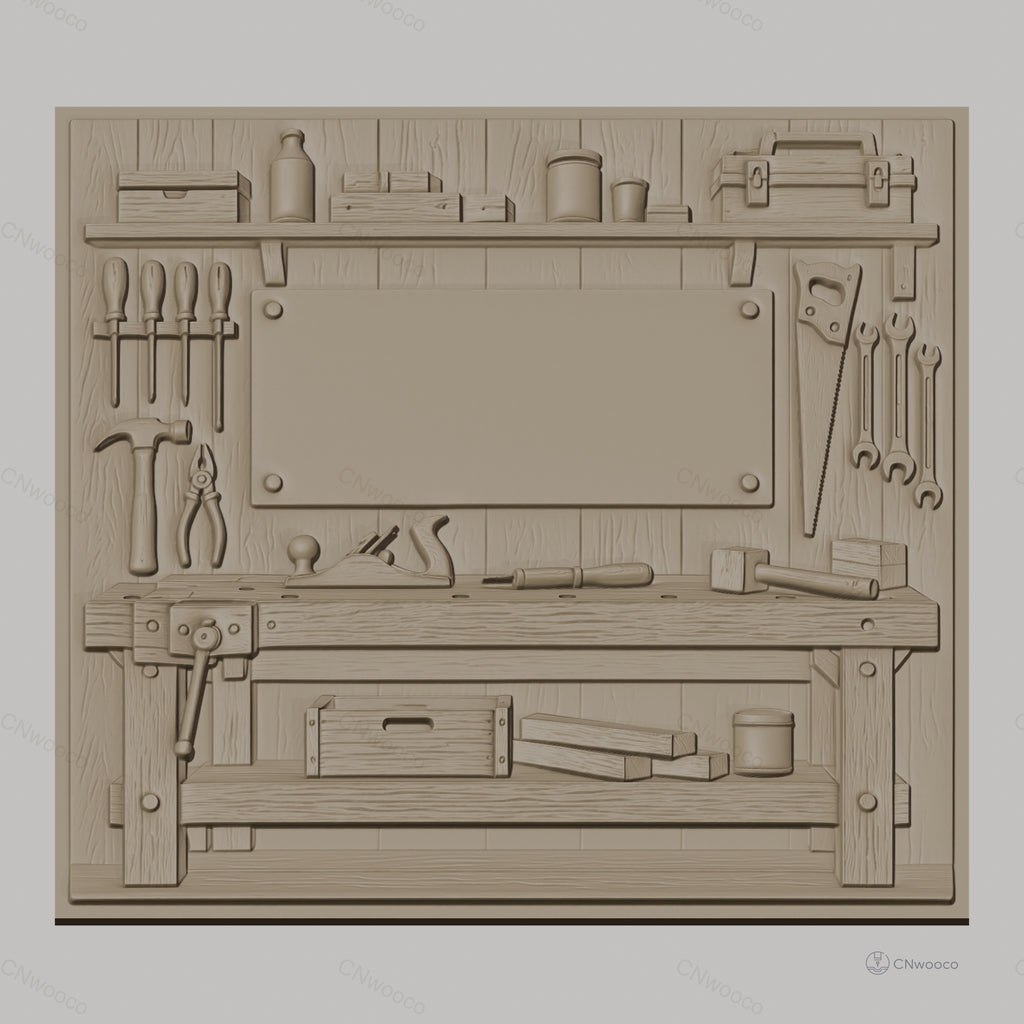 Fichier CNC & impression 3D atelier de menuiserie, établis avec outils de travail en bois, haute qualité relief STL