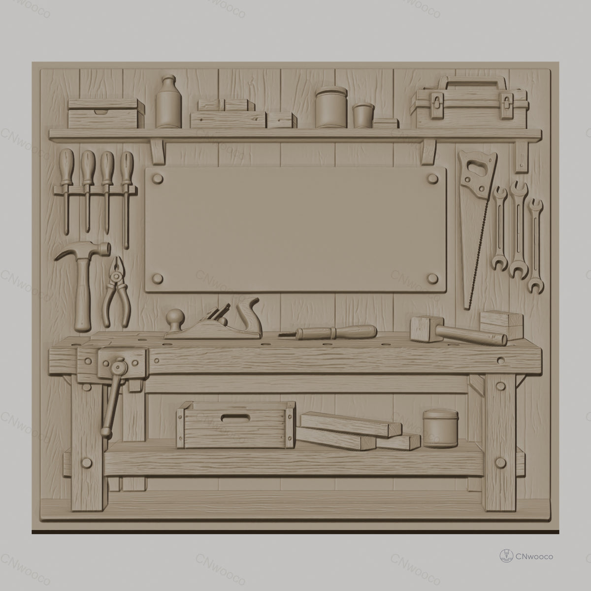 Fichier CNC & impression 3D atelier de menuiserie, établis avec outils de travail en bois, haute qualité relief STL
