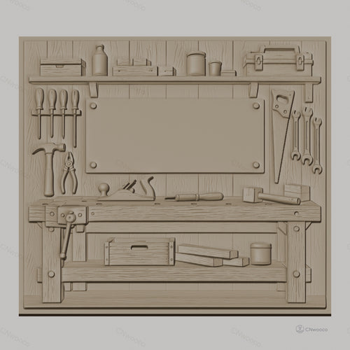 Fichier CNC & impression 3D atelier de menuiserie, établis avec outils de travail en bois, haute qualité relief STL