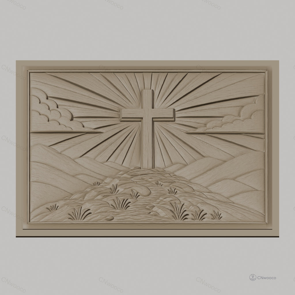 Fichier CNC & impression 3D croix chrétienne, colline, rayons de lumière, ciel en relief, haute qualité relief STL