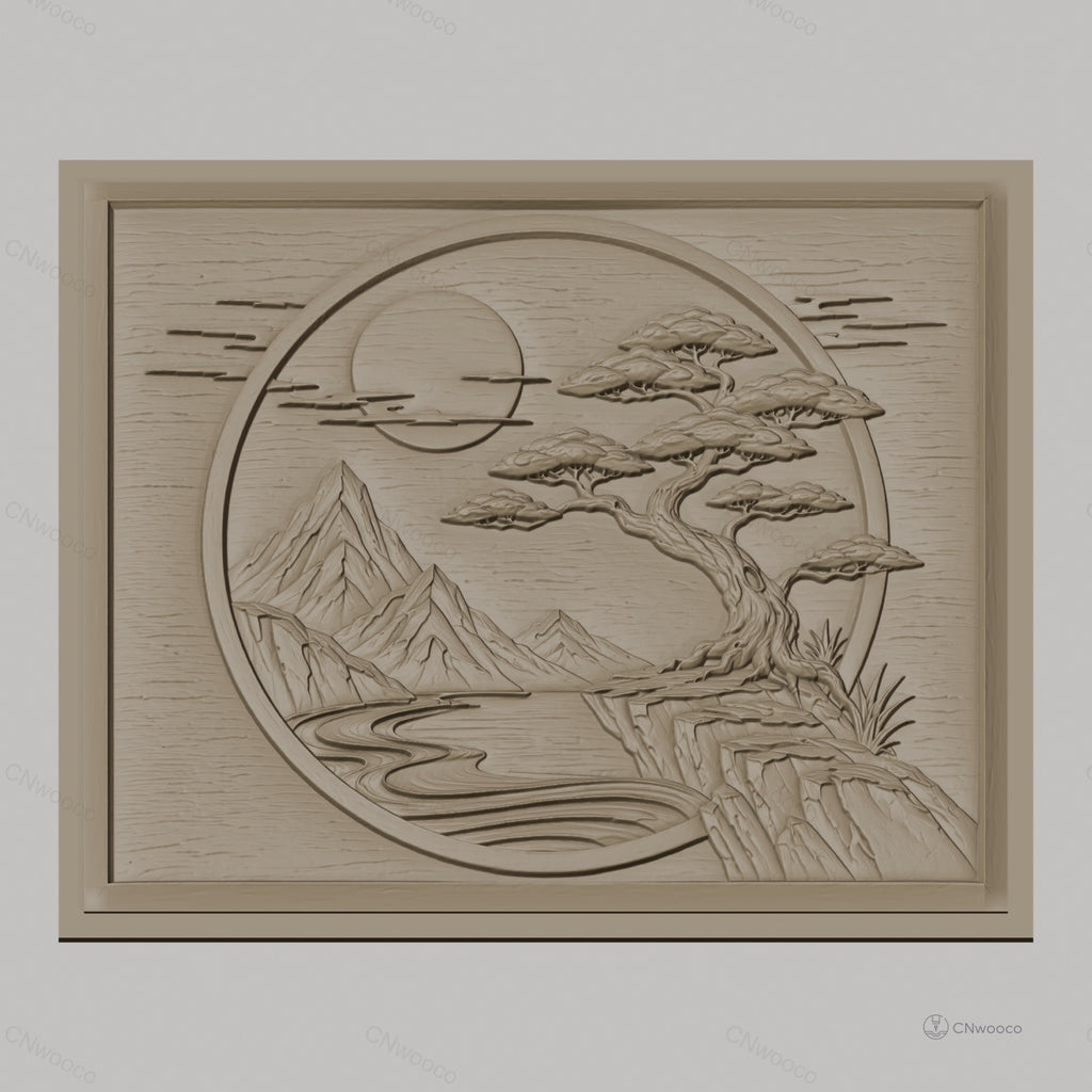 Fichier CNC & impression 3D paysage japonais, montagne, arbre bonsaï, rivière, haute qualité relief STL