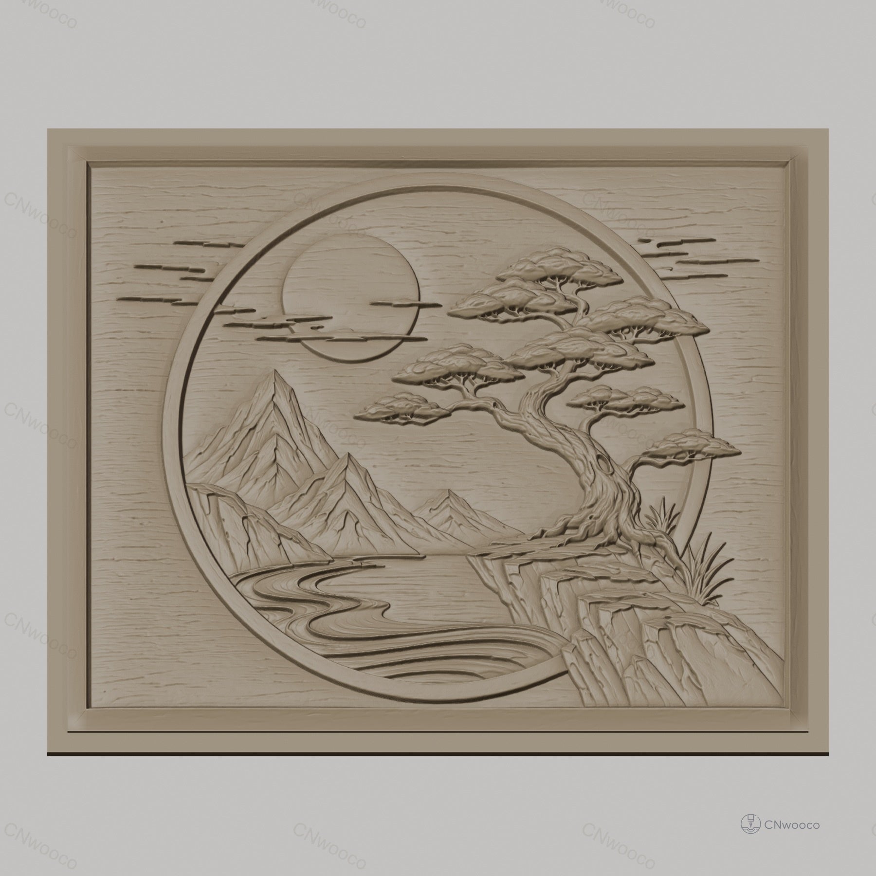 Fichier CNC & impression 3D paysage japonais, montagne, arbre bonsaï, rivière, haute qualité relief STL