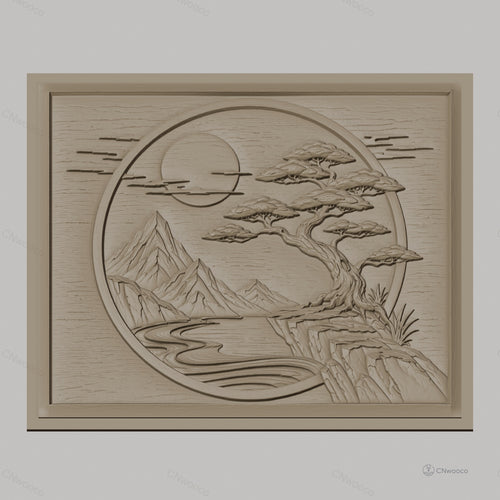 Fichier CNC & impression 3D paysage japonais, montagne, arbre bonsaï, rivière, haute qualité relief STL