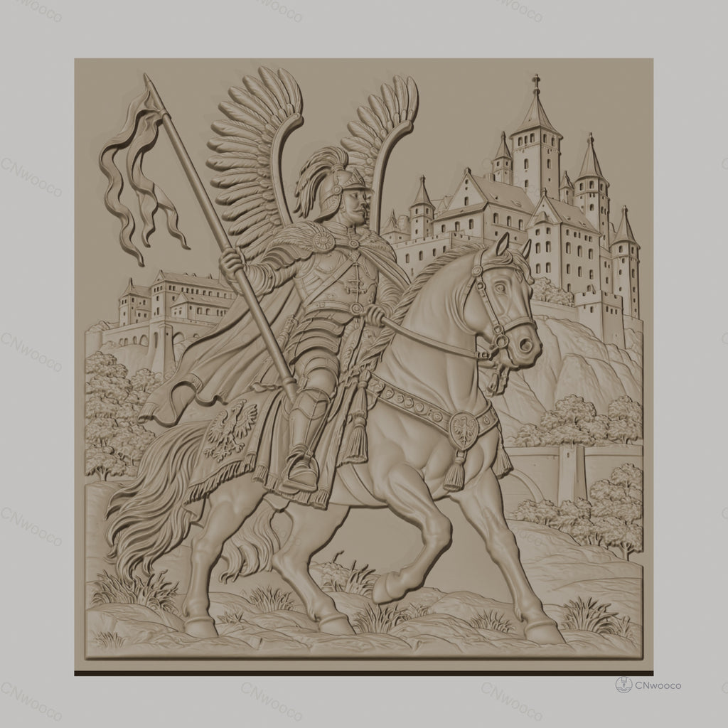 Fichier CNC & impression 3D Chevalier ailé à cheval avec château, drapeau et armure détaillée, haute qualité relief STL