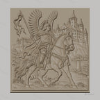 Fichier CNC & impression 3D Chevalier ailé à cheval avec château, drapeau et armure détaillée, haute qualité relief STL