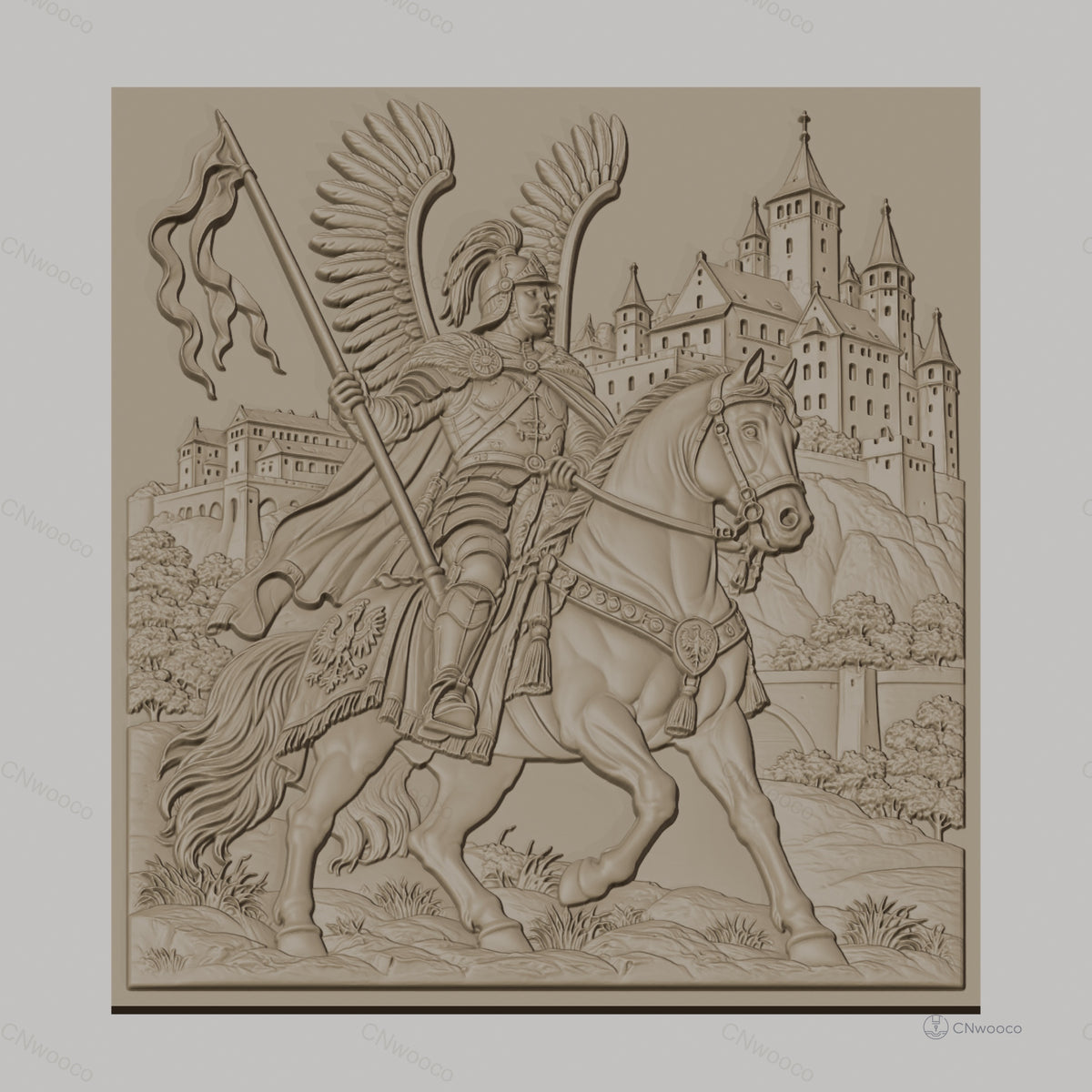 Fichier CNC & impression 3D Chevalier ailé à cheval avec château, drapeau et armure détaillée, haute qualité relief STL