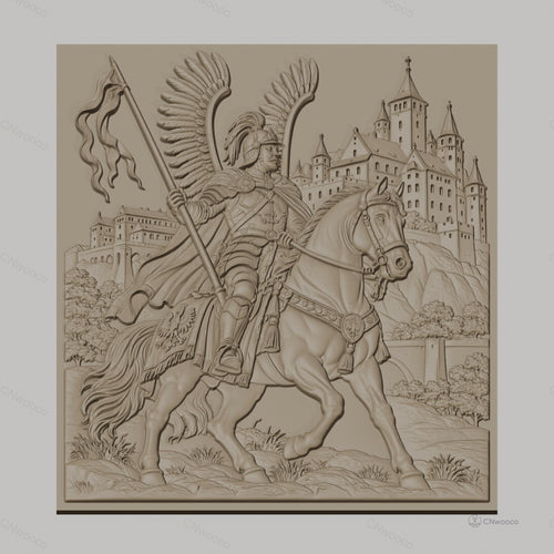 Fichier CNC & impression 3D Chevalier ailé à cheval avec château, drapeau et armure détaillée, haute qualité relief STL