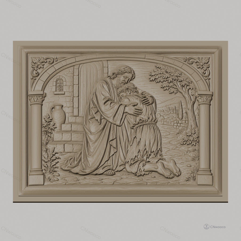 Fichier CNC & impression 3D père miséricordieux, scène biblique d’étreinte et pardon, haute qualité relief STL
