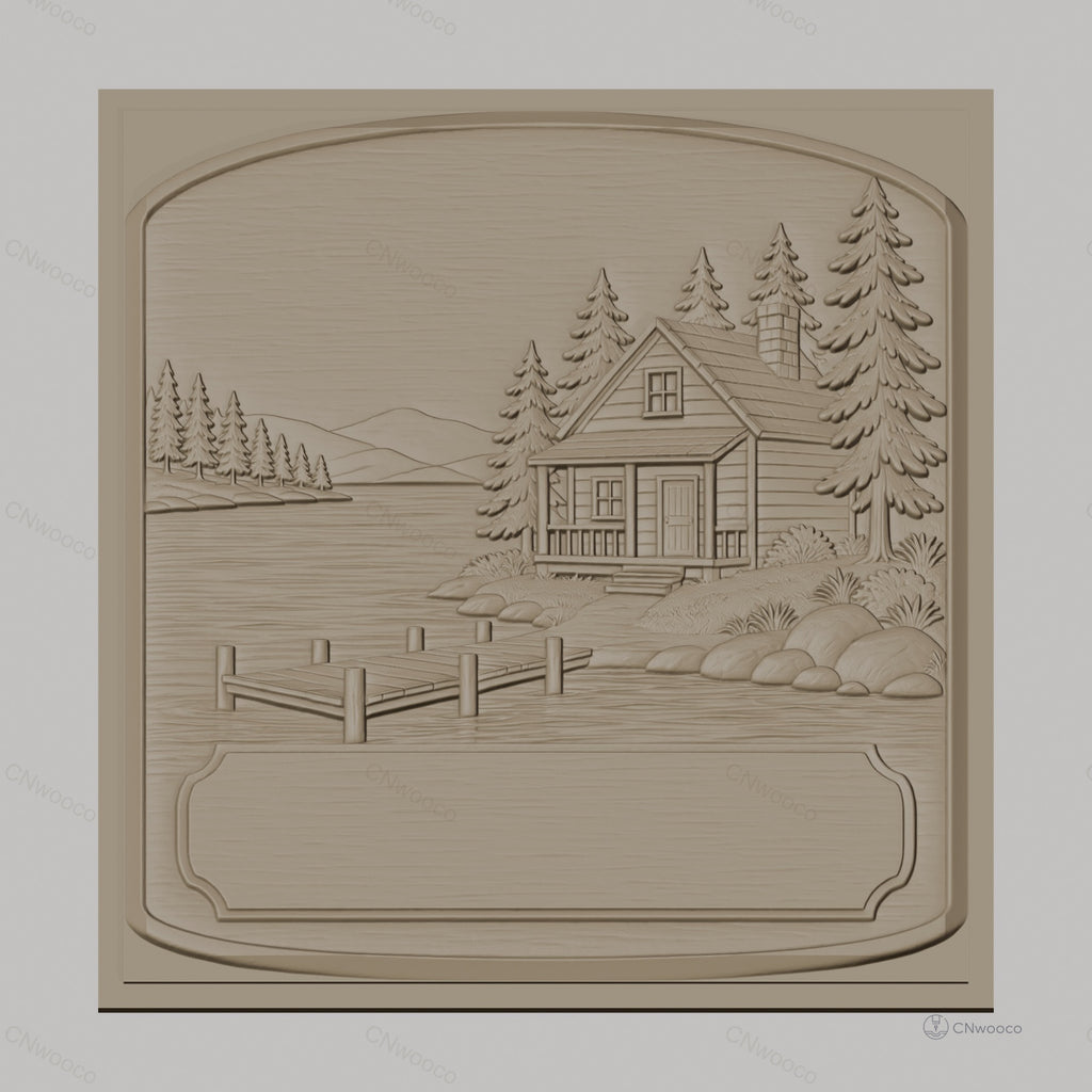 Fichier CNC & impression 3D chalet lac, ponton, arbres et rochers, haute qualité relief STL