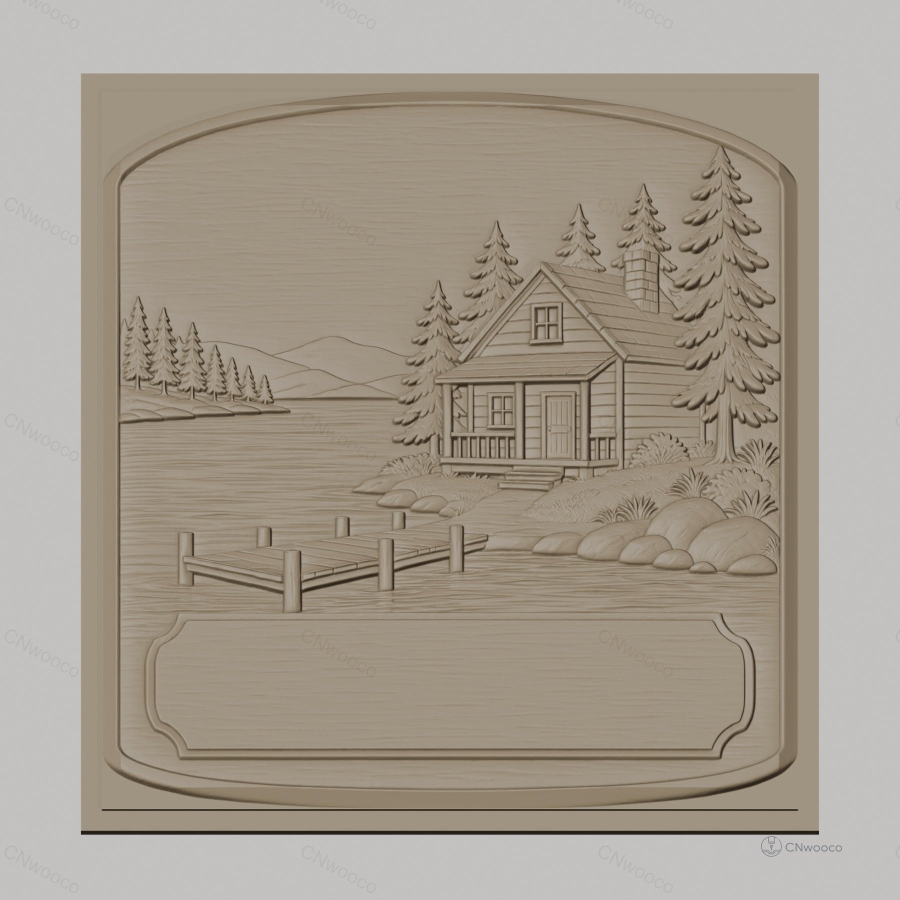 Fichier CNC & impression 3D chalet lac, ponton, arbres et rochers, haute qualité relief STL