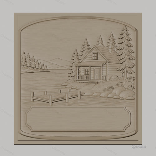 Fichier CNC & impression 3D chalet lac, ponton, arbres et rochers, haute qualité relief STL