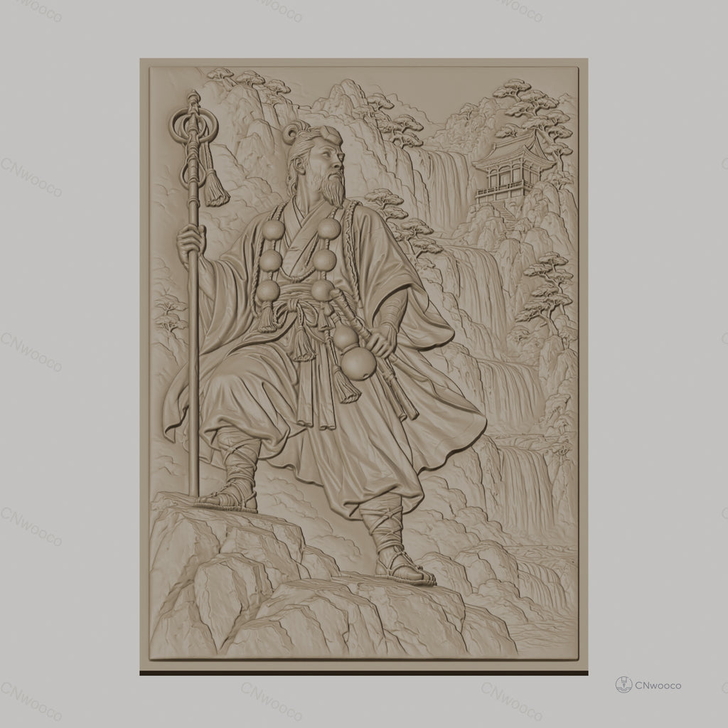 Fichier CNC & impression 3D guerrier japonais, cascade et temple, haute qualité relief STL