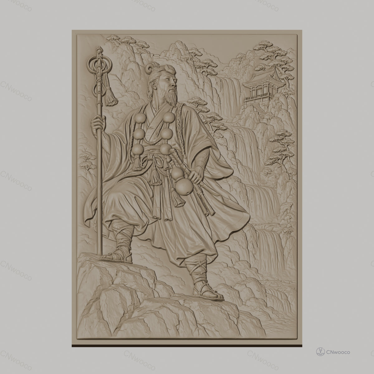 Fichier CNC & impression 3D guerrier japonais, cascade et temple, haute qualité relief STL