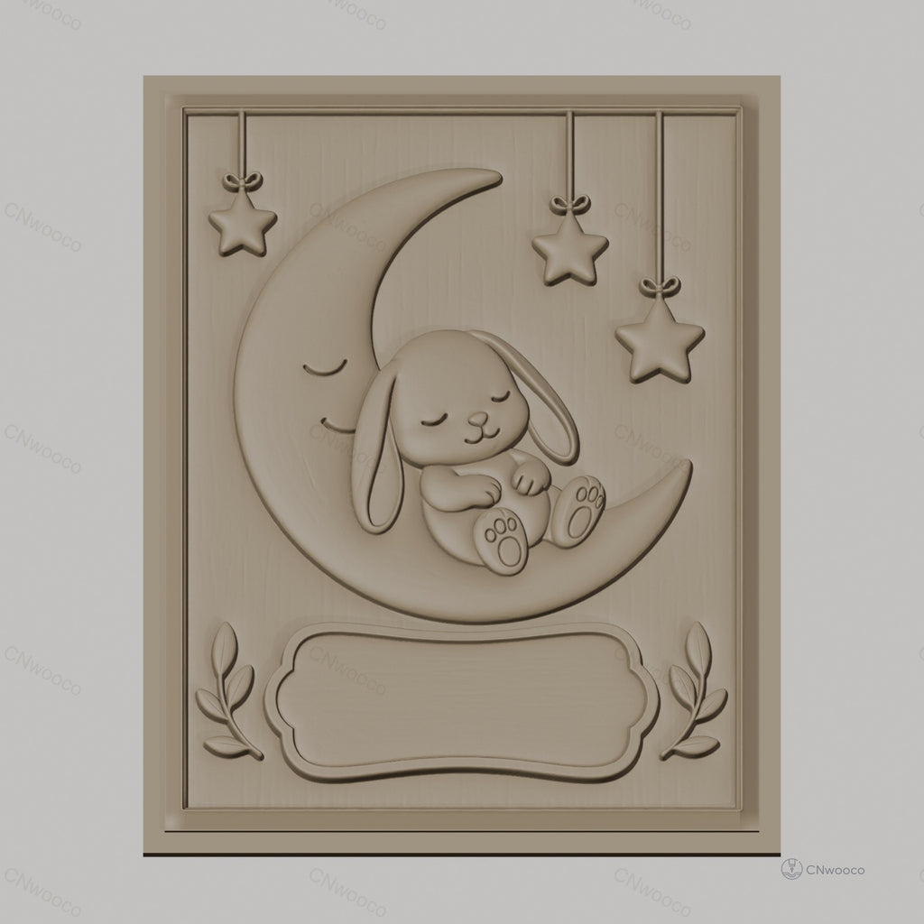 Fichier CNC & impression 3D bébé lapin sur lune avec étoiles, décoration murale relief, haute qualité relief STL