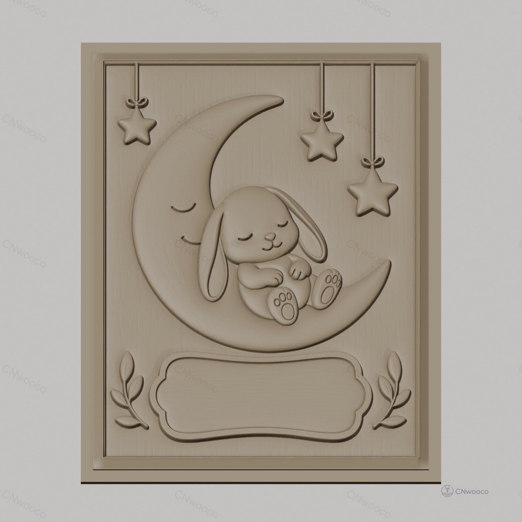 Fichier CNC & impression 3D bébé lapin sur lune avec étoiles, décoration murale relief, haute qualité relief STL