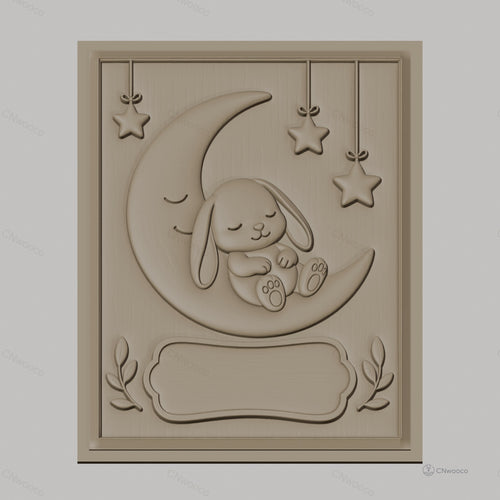Fichier CNC & impression 3D bébé lapin sur lune avec étoiles, décoration murale relief, haute qualité relief STL