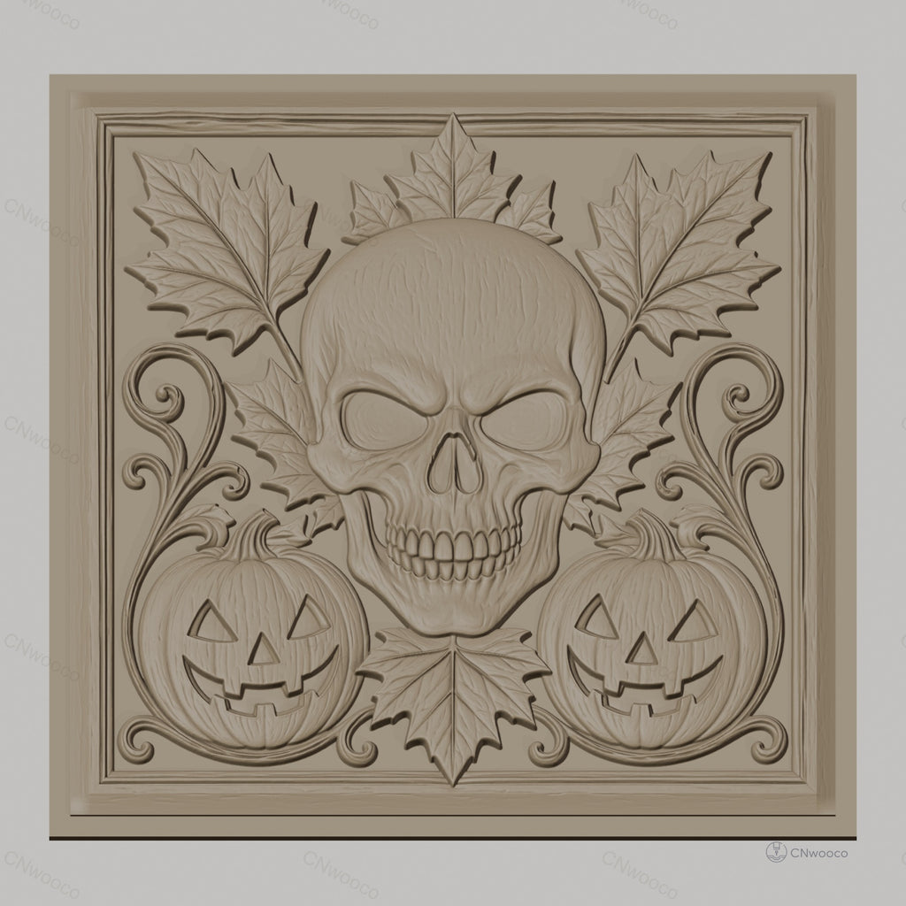 Fichier CNC & impression 3D Halloween, crâne, citrouilles jack-o'-lantern et feuilles d'automne, haute qualité relief STL
