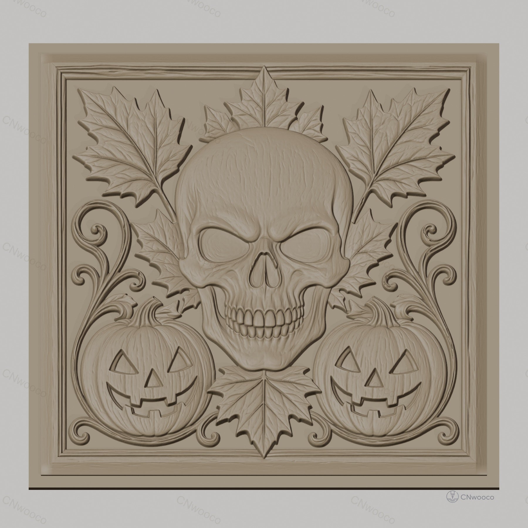 Fichier CNC & impression 3D Halloween, crâne, citrouilles jack-o'-lantern et feuilles d'automne, haute qualité relief STL