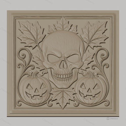 Fichier CNC & impression 3D Halloween, crâne, citrouilles jack-o'-lantern et feuilles d'automne, haute qualité relief STL