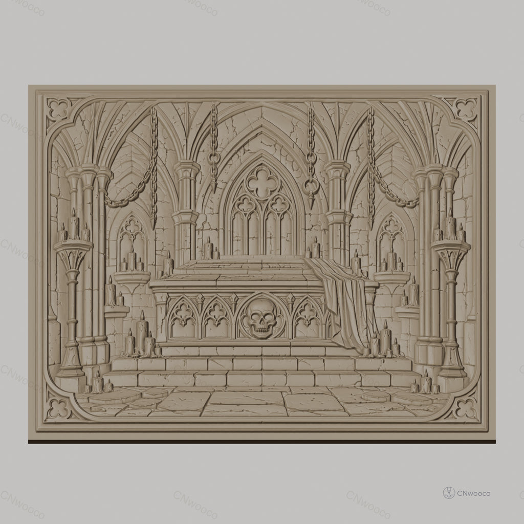 Fichier CNC & impression 3D tombeau gothique avec crâne, bougies et drap, haute qualité relief STL