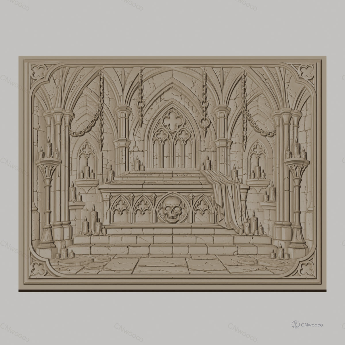 Fichier CNC & impression 3D tombeau gothique avec crâne, bougies et drap, haute qualité relief STL