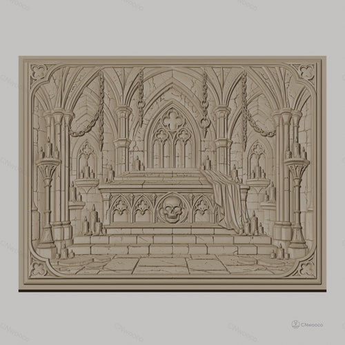 Fichier CNC & impression 3D tombeau gothique avec crâne, bougies et drap, haute qualité relief STL