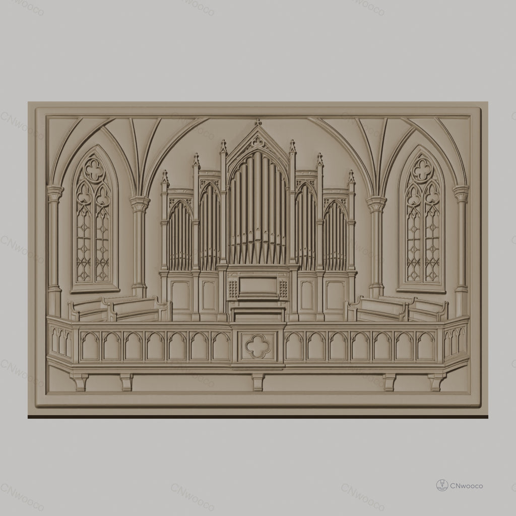 Fichier CNC & impression 3D orgue d'église gothique, vitraux et banquettes sculptés, haute qualité relief STL