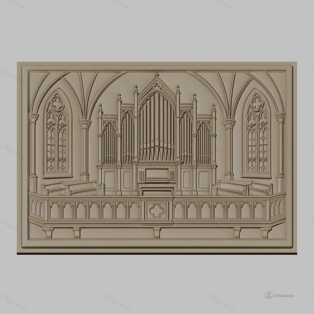 Fichier CNC & impression 3D orgue d'église gothique, vitraux et banquettes sculptés, haute qualité relief STL