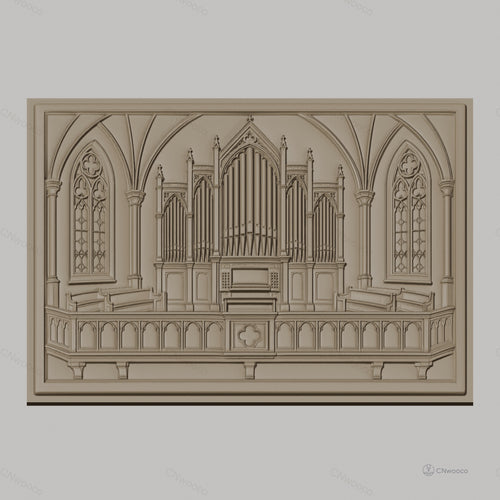 Fichier CNC & impression 3D orgue d'église gothique, vitraux et banquettes sculptés, haute qualité relief STL