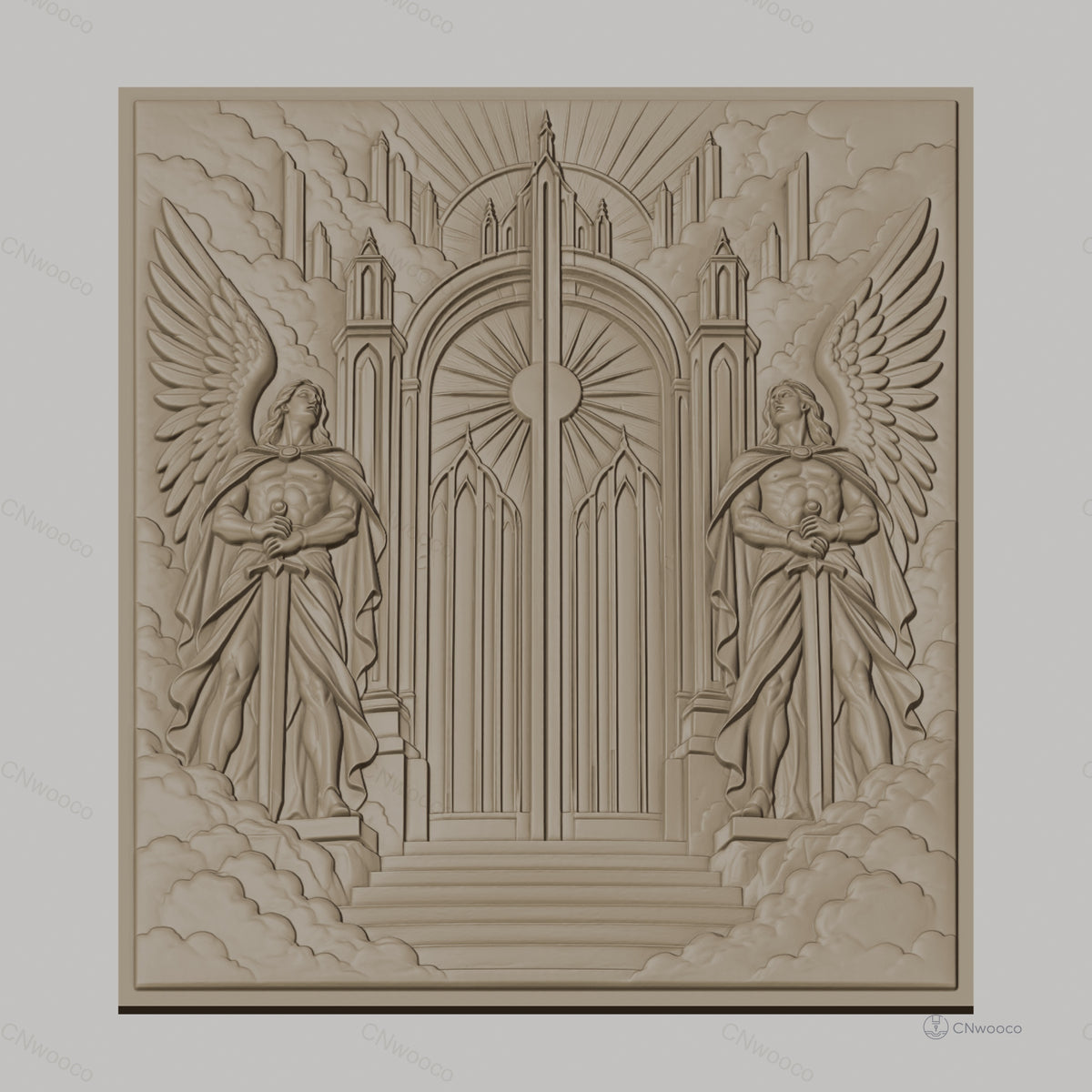 Fichier CNC & impression 3D portes célestes, anges gardiens avec épées, haute qualité relief STL