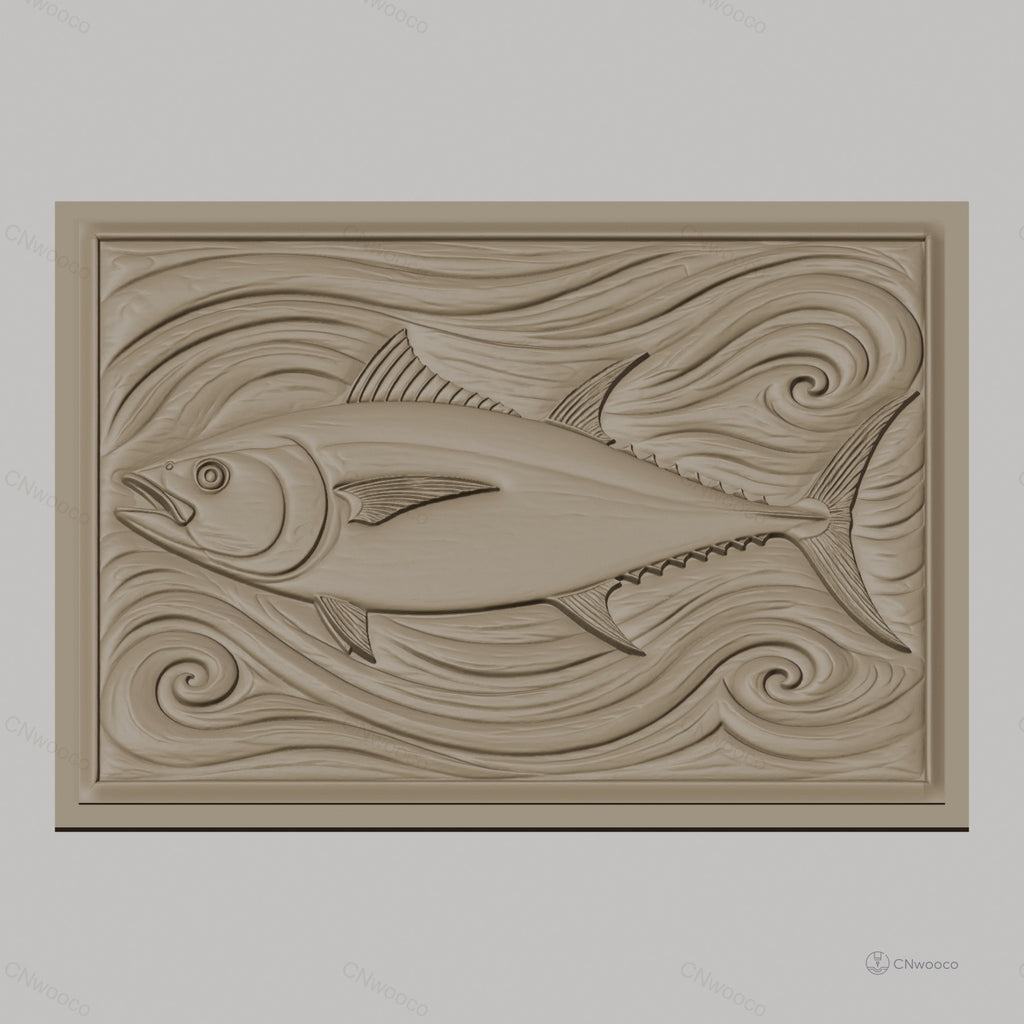 Fichier CNC & impression 3D poisson thon, relief avec vagues stylisées, haute qualité relief STL