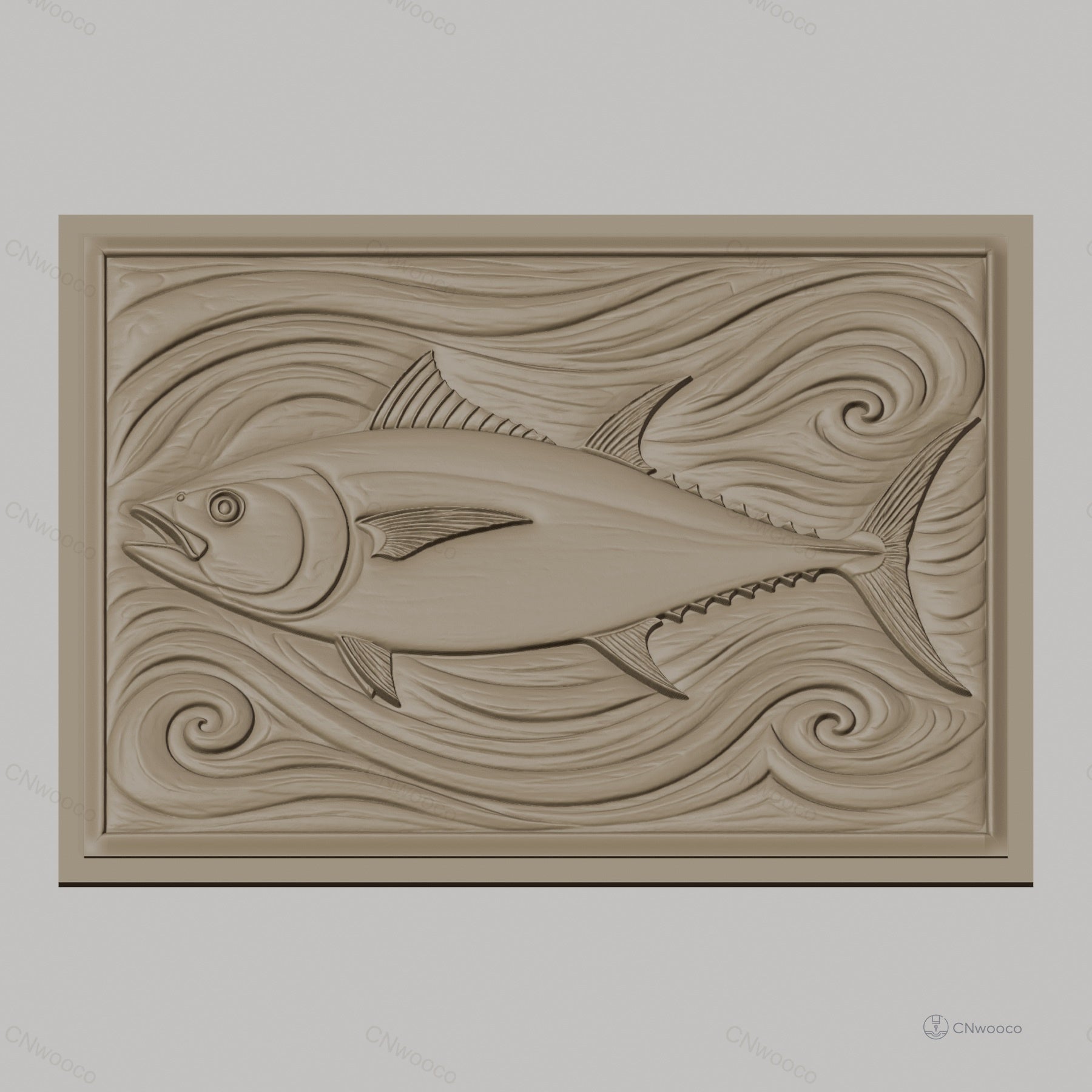 Fichier CNC & impression 3D poisson thon, relief avec vagues stylisées, haute qualité relief STL