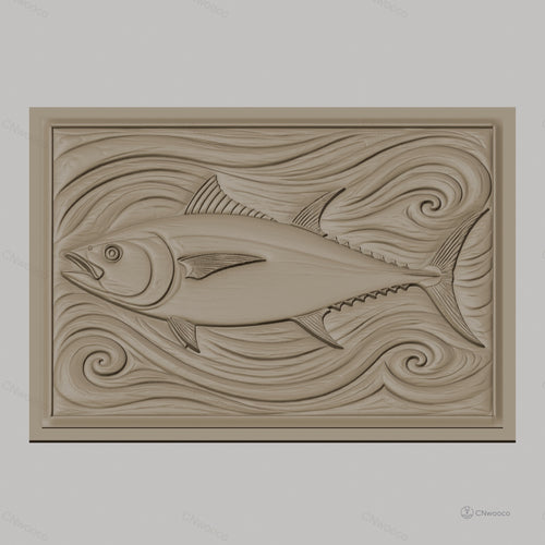 Fichier CNC & impression 3D poisson thon, relief avec vagues stylisées, haute qualité relief STL