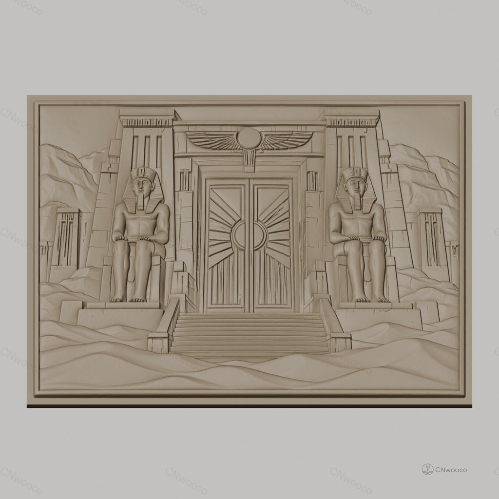 Fichier CNC & impression 3D temple égyptien, statues de pharaon, porte ornée, haute qualité relief STL