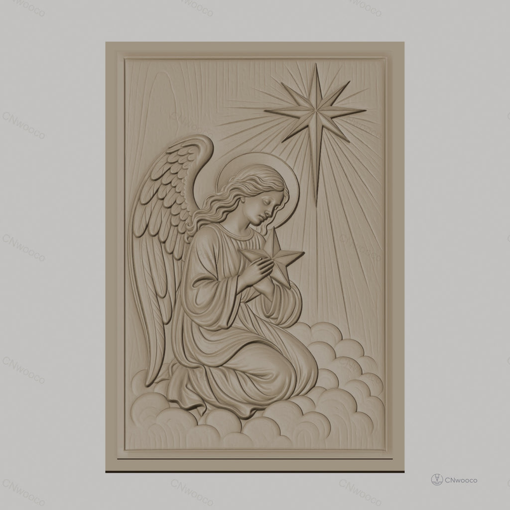 Fichier CNC & impression 3D ange agenouillé, étoile et nuages, haute qualité relief STL
