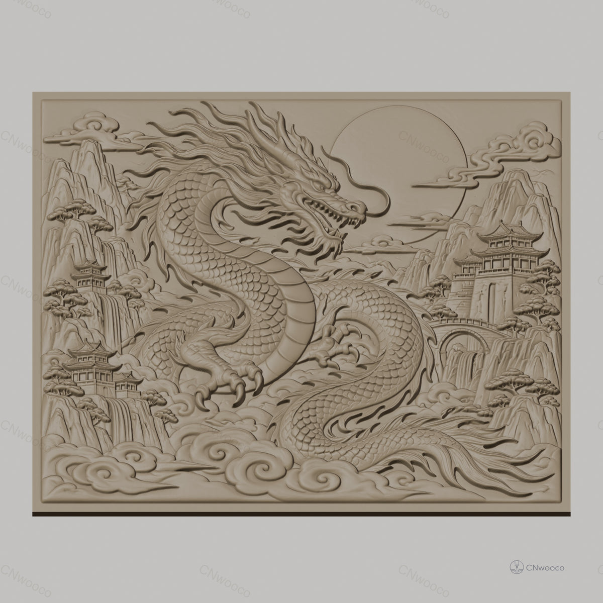 Fichier CNC & impression 3D dragon chinois, montagnes, temple, nuages, haute qualité relief STL