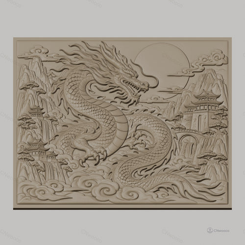 Fichier CNC & impression 3D dragon chinois, montagnes, temple, nuages, haute qualité relief STL