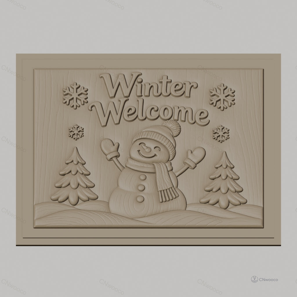 Fichier CNC & impression 3D bonhomme de neige hiver, sapins et flocons, haute qualité relief STL