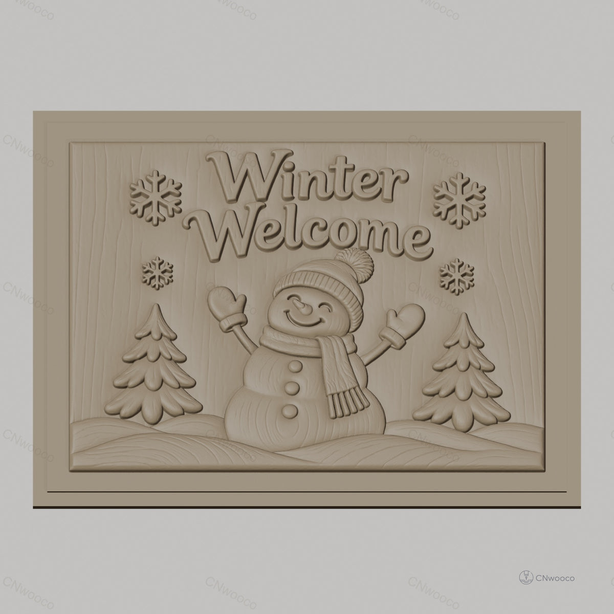 Fichier CNC & impression 3D bonhomme de neige hiver, sapins et flocons, haute qualité relief STL